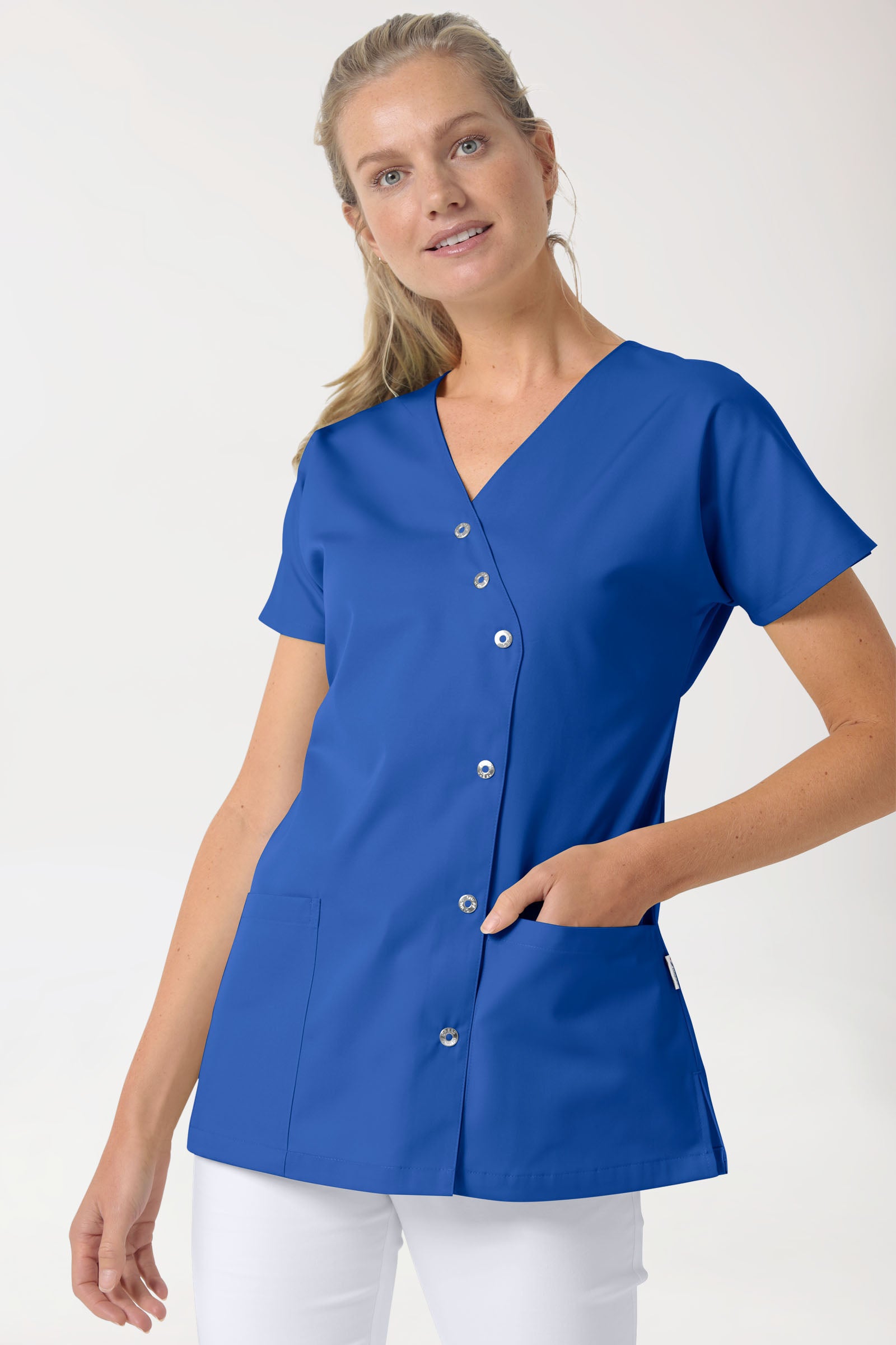 Beauty tuniek dames - asymmetrische knoopsluiting koningsblauw