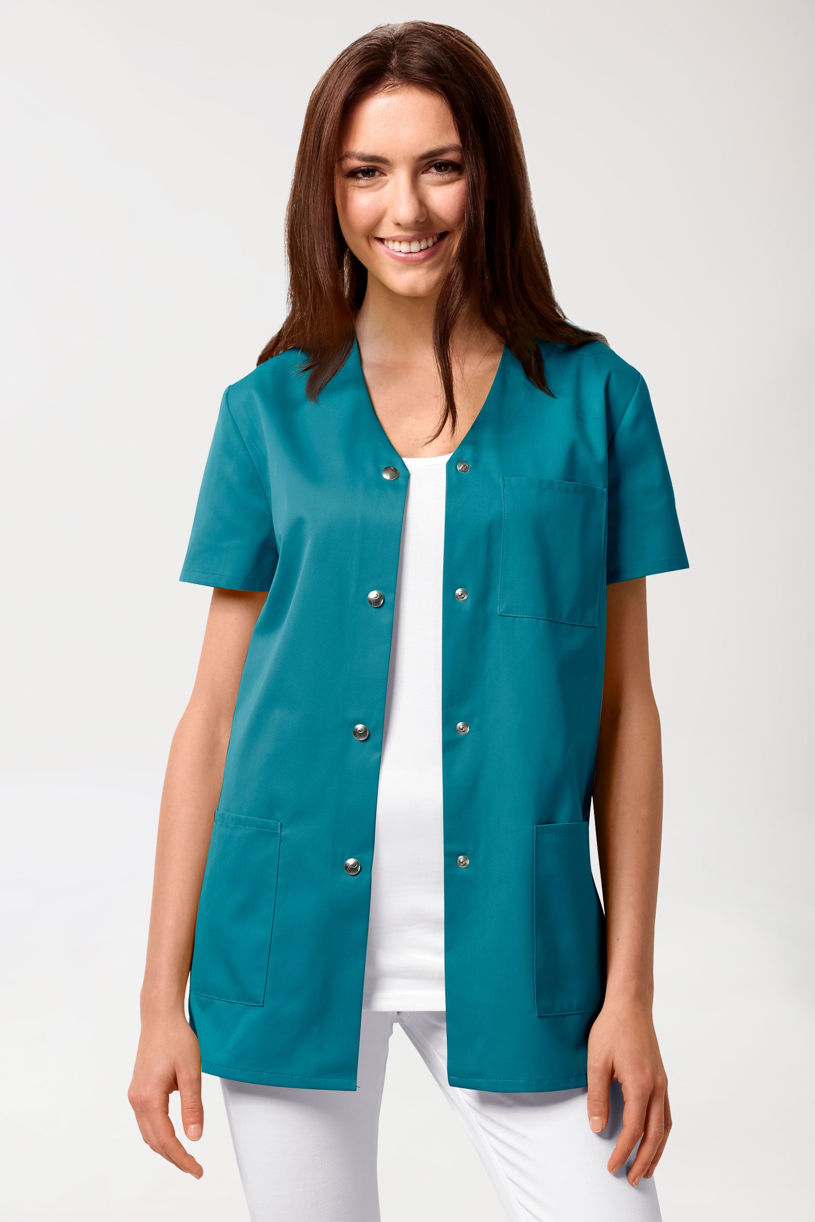 Beauty tuniek dames - met knoopsluiting petrol, Voorzijde view 