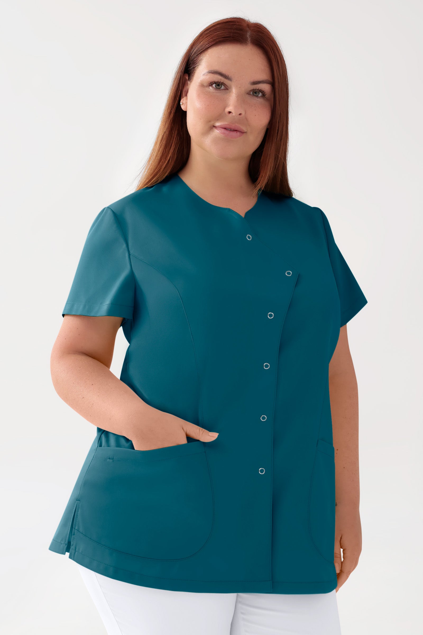 GREEN Stretch tuniek dames - asymetrische knoopsluiting petrol