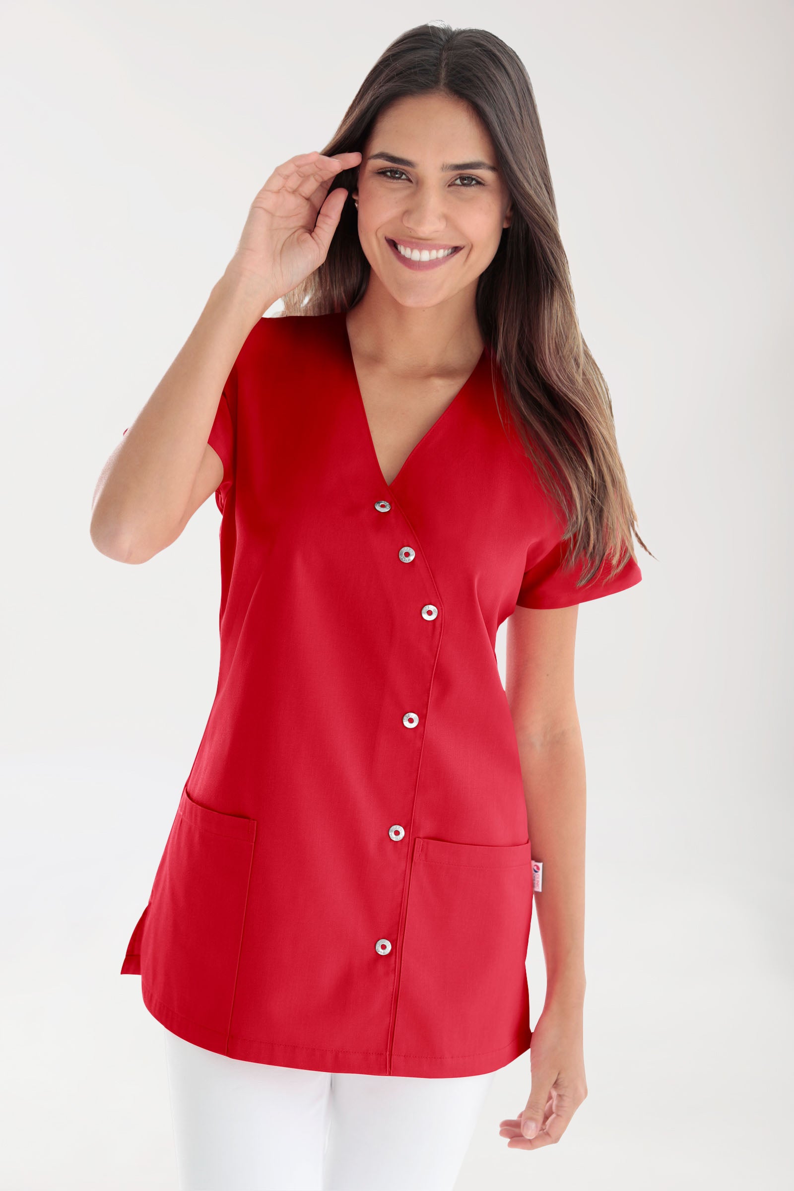 Beauty tuniek dames - asymmetrische knoopsluiting rood, Voorzijde view 