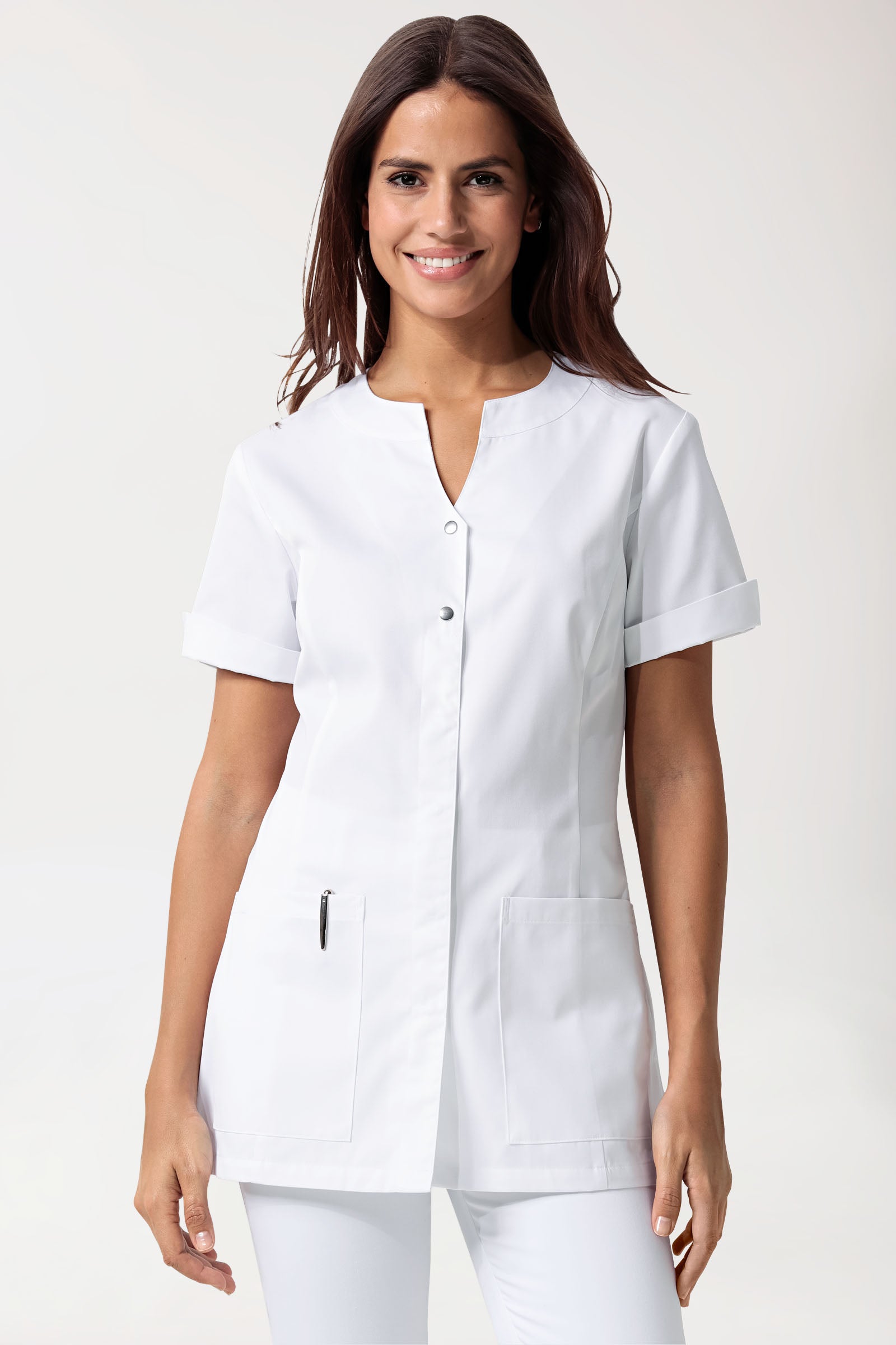 Beauty tuniek dames - bedekte knoopsluiting wit
