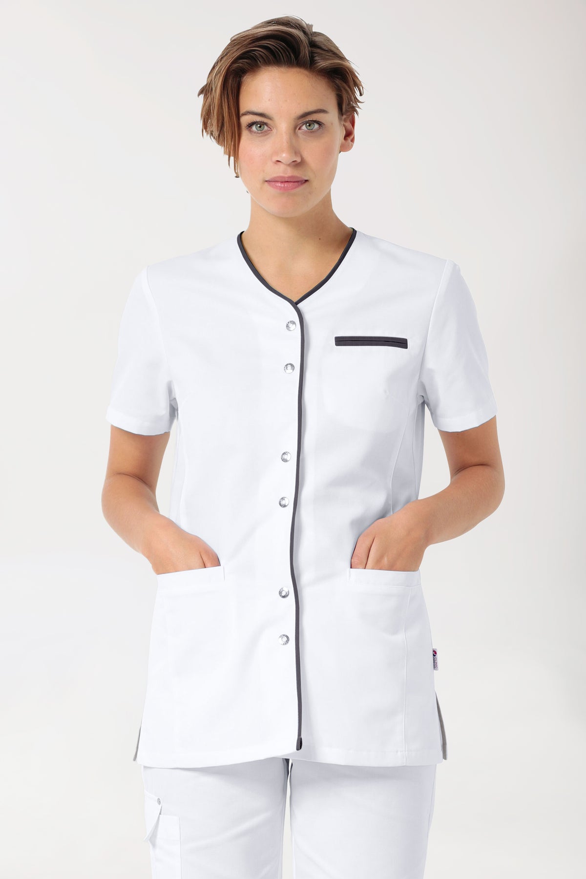 Beauty tuniek dames - met knoopsluiting wit/antraciet, Voorzijde view 