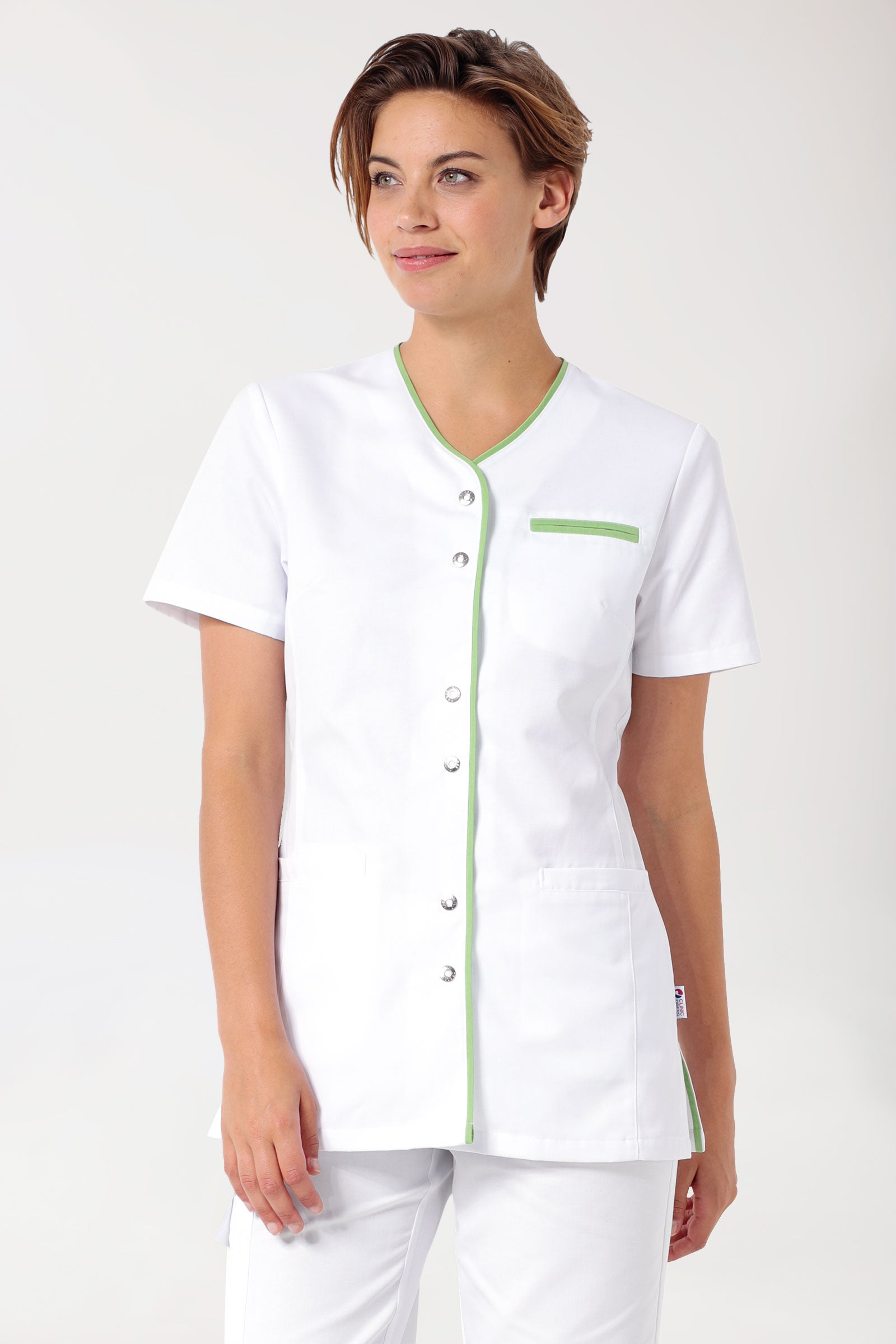Beauty tuniek dames - met knoopsluiting wit/appelgroen, Voorzijde view 