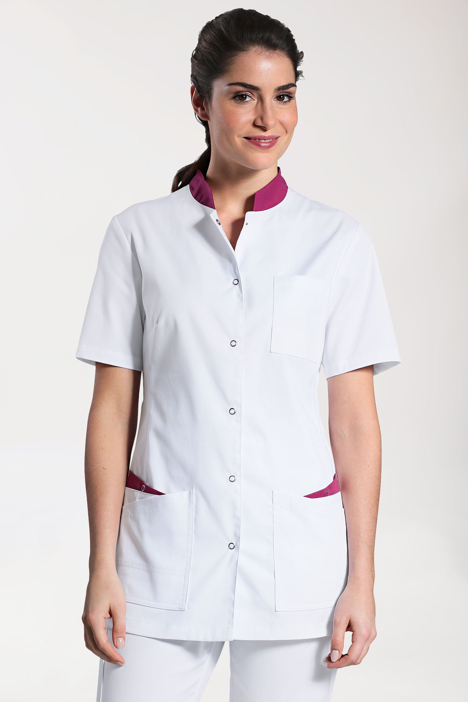 CLINIC STRETCH tuniek dames - knoopsluiting wit/berry