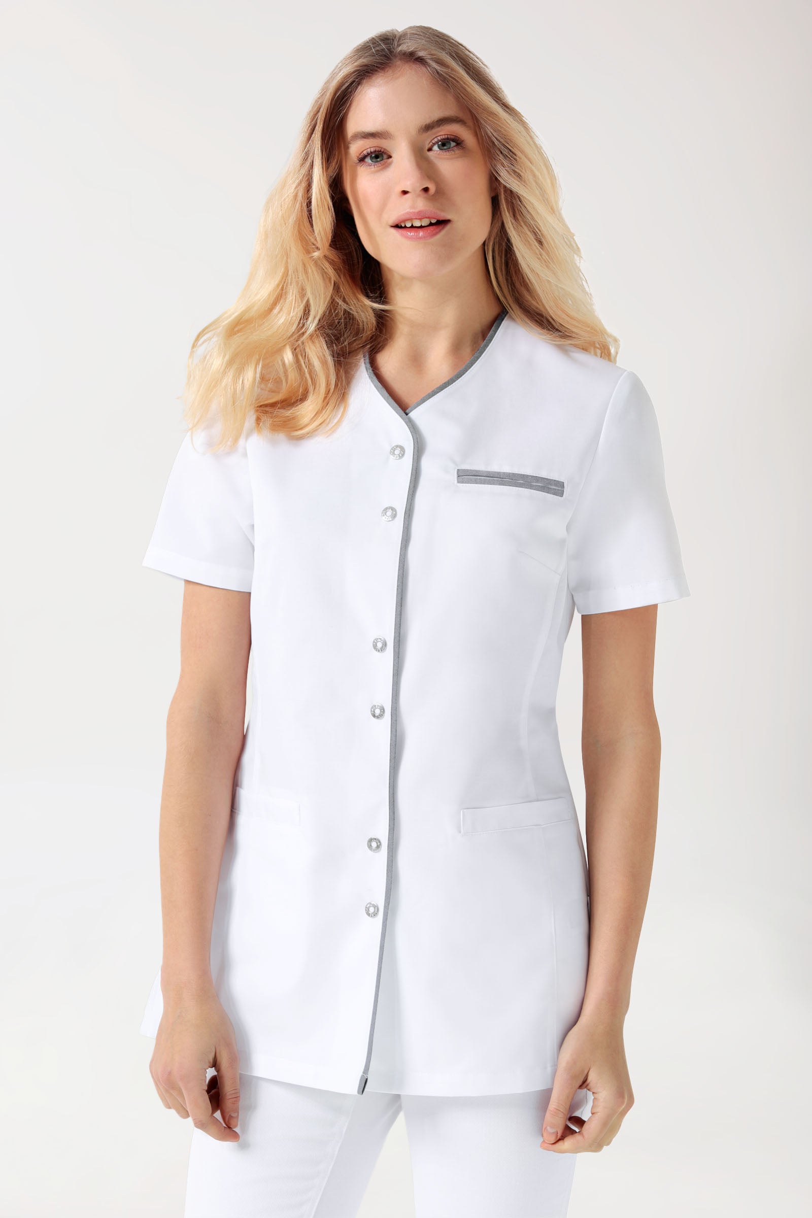 Beauty tuniek dames - met knoopsluiting wit/grijs, Voorzijde view 