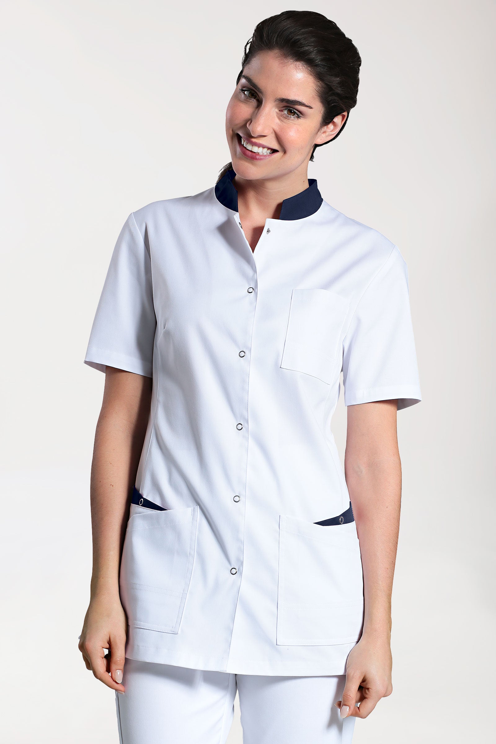 CLINIC STRETCH tuniek dames - knoopsluiting wit/navy