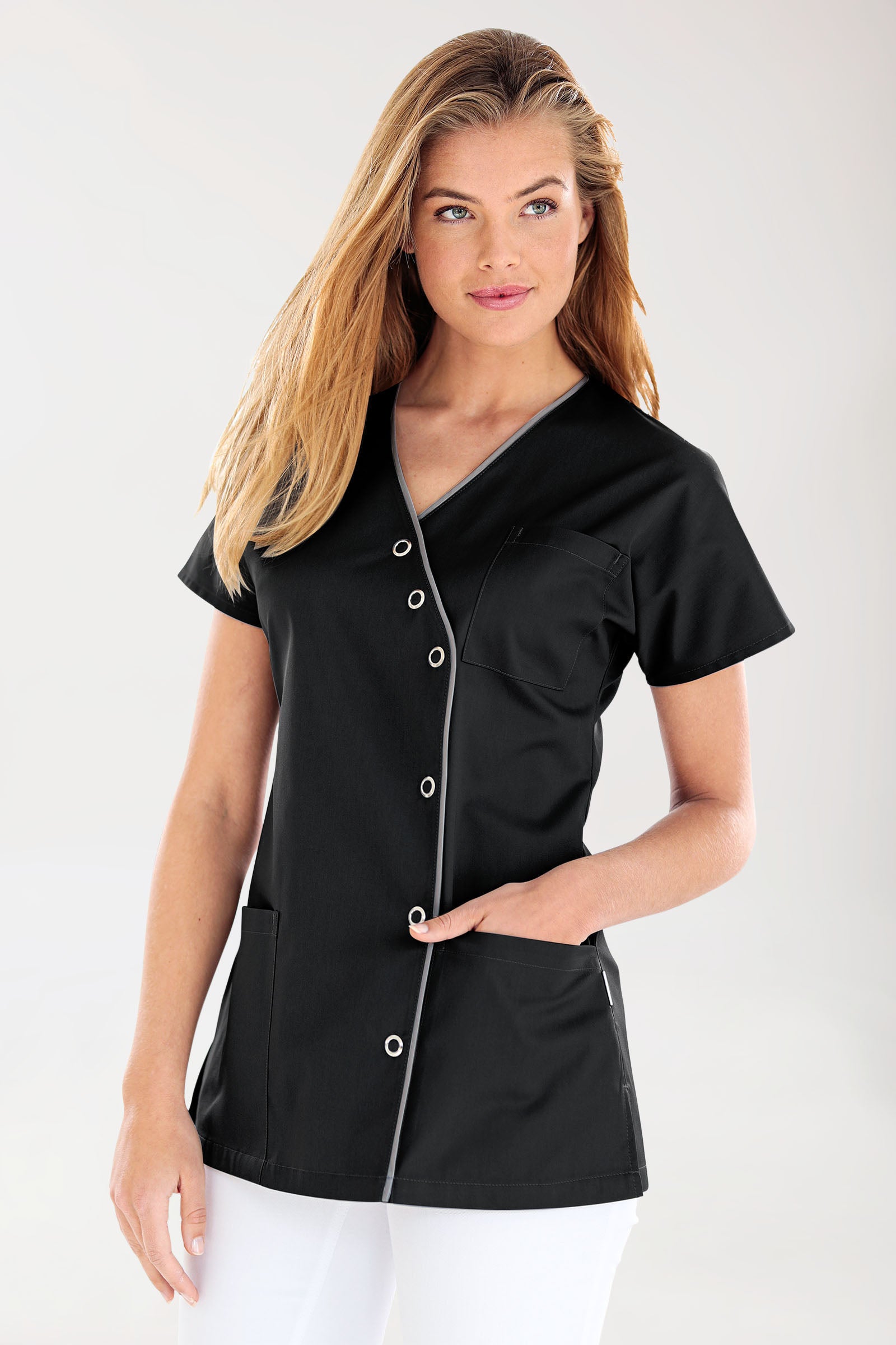 Beauty tuniek dames - asymmetrische knoopsluiting zwart/grijs