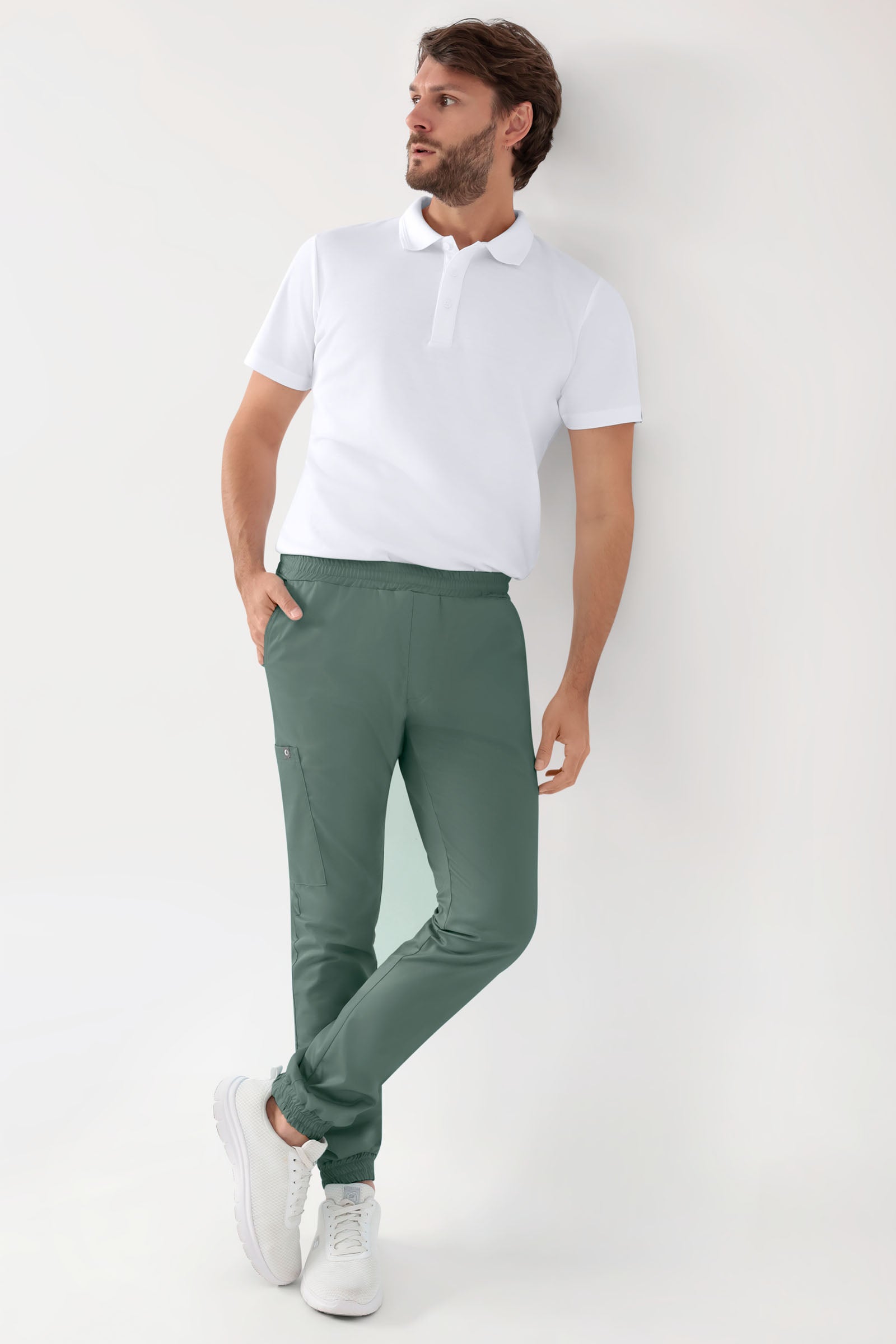 GREEN Stretch broek heren - joggingbroek style donkergroen, Voorzijde view 