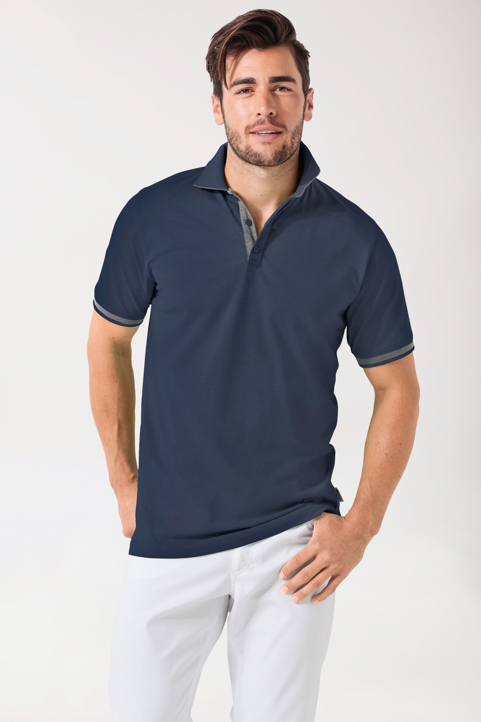 Stretch shirt heren - polokraag navy/donkergrijs melange, Voorzijde view 
