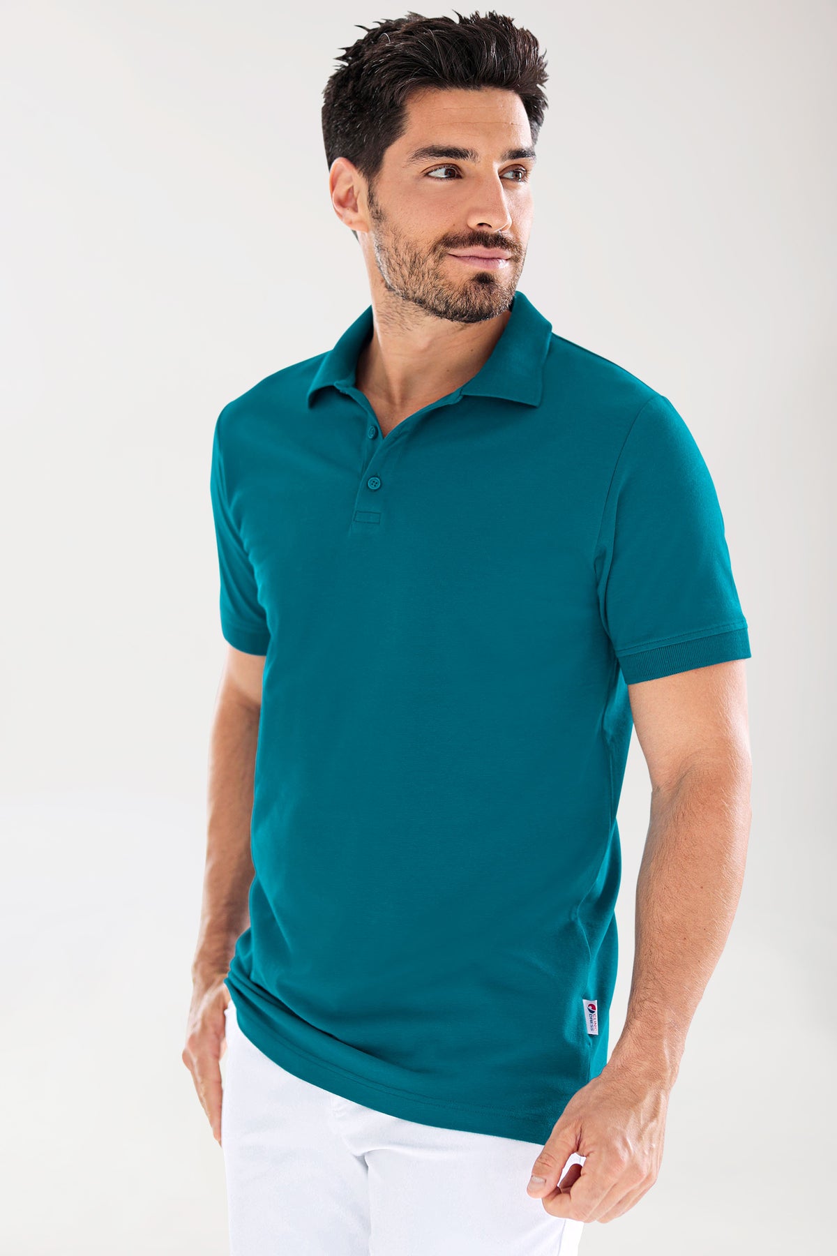 Stretch shirt heren - polokraag-knoopsluiting petrol, Voorzijde view 