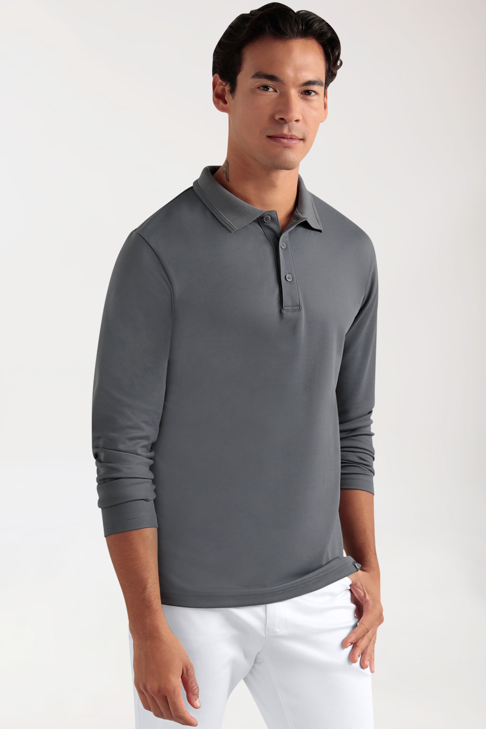 COMFY FLEX stretch longsleeve heren - polokraag steengrijs