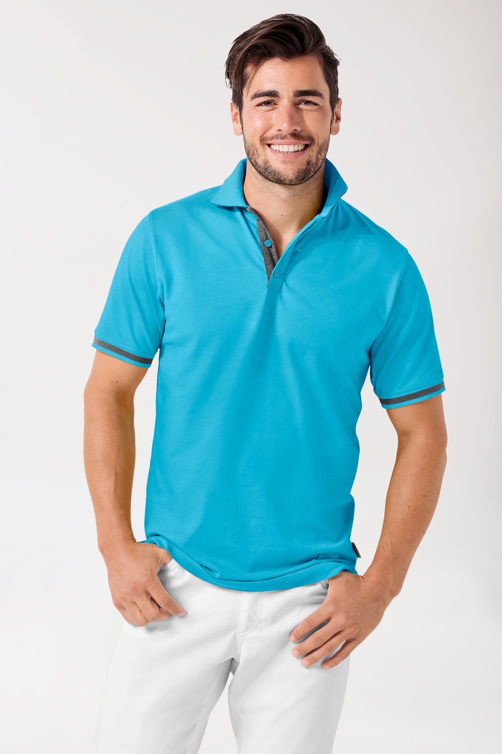 Stretch shirt heren - polokraag turquoise/donkergrijs melange, Voorzijde view 