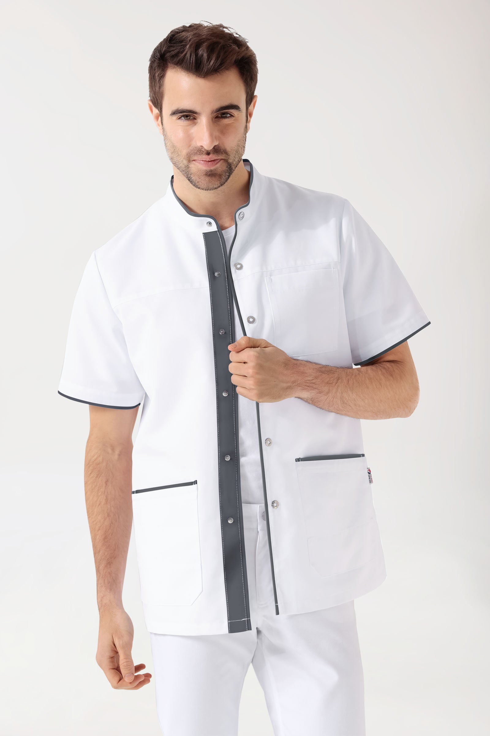 Beauty tuniek heren - met knoopsluiting wit/antraciet, Voorzijde view 