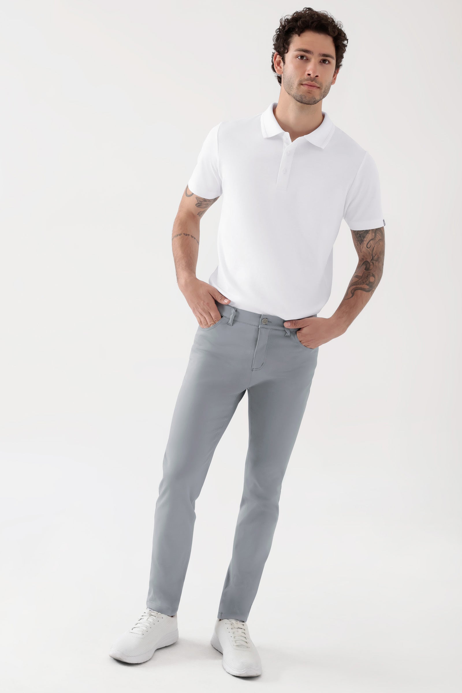 COMFY FLEX 5-pocket broek heren - slanke pijp grijs, Voorzijde view Het model is 188 cm lang en draagt maat 48