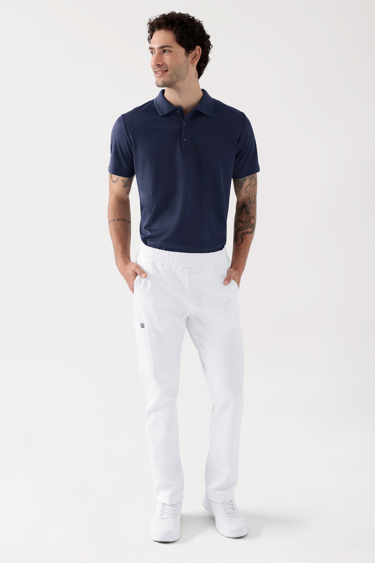 COMFY FLEX Stretch broek Unisex - 1/1 Lengte wit, Voorzijde view Het model is 188 cm lang en draagt maat M