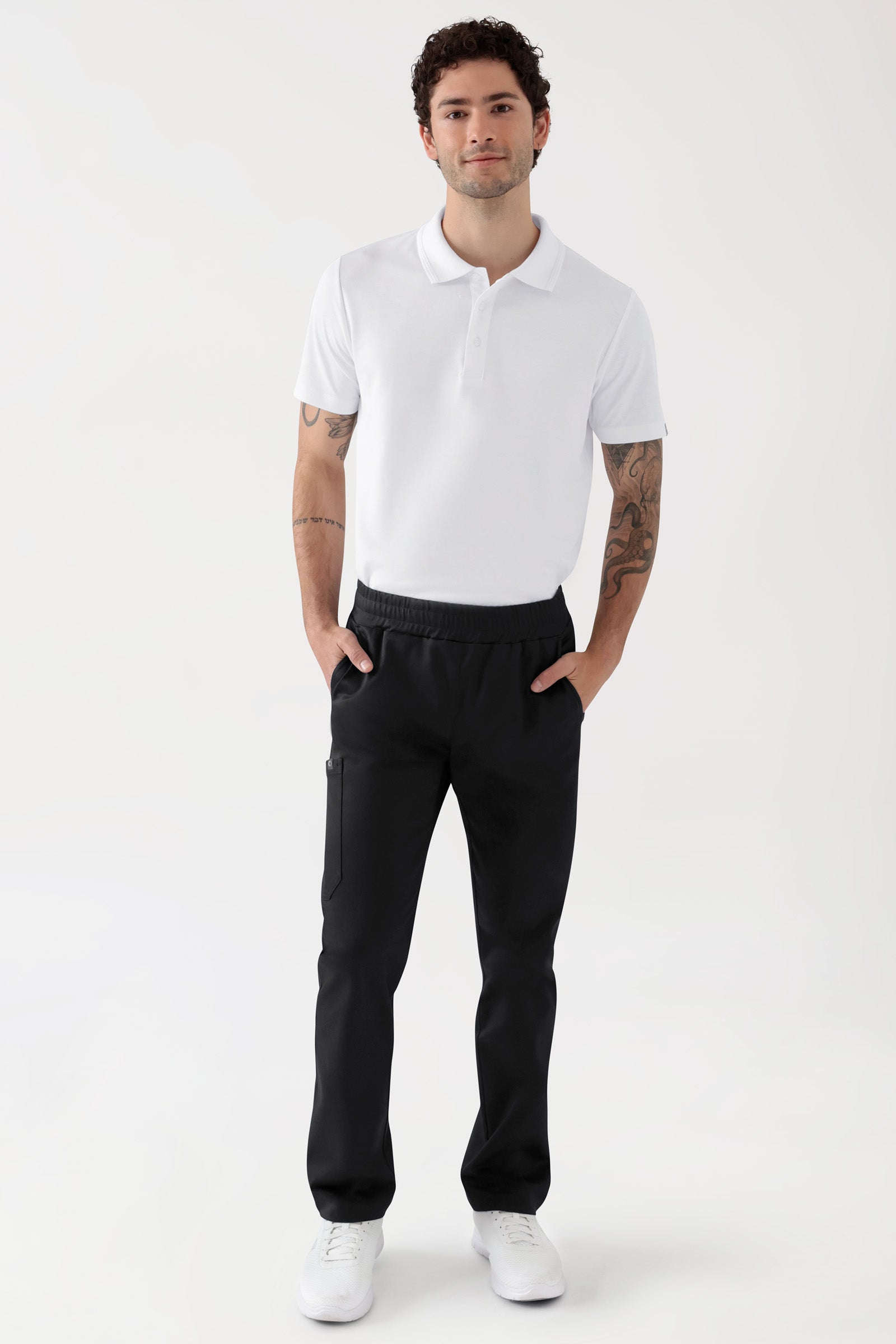 COMFY FLEX Stretch broek Unisex - 1/1 Lengte zwart, Voorzijde view Het model is 188 cm lang en draagt maat M