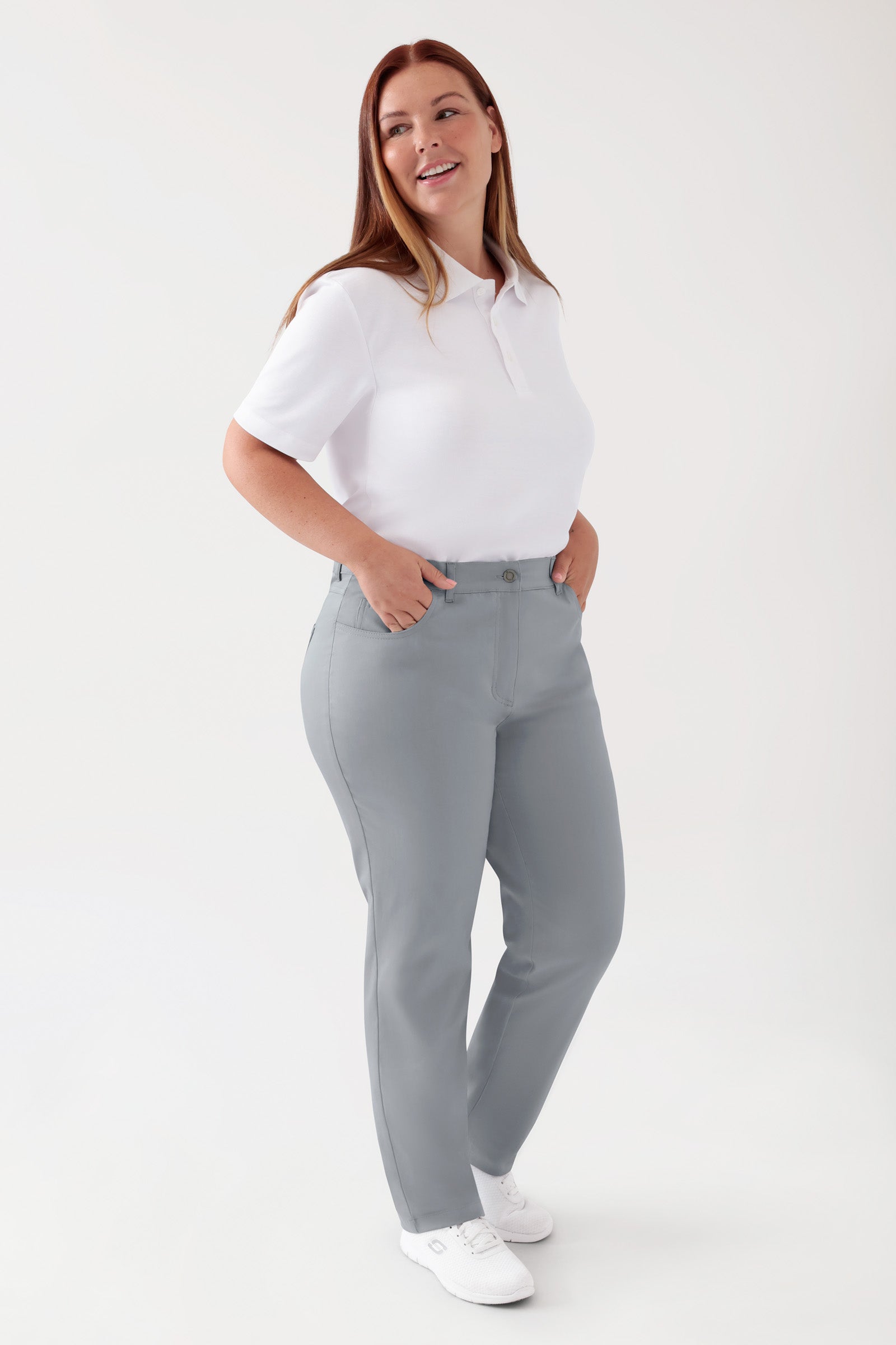 COMFY FLEX 5-pocket broek dames - rechte pijp grijs, Voorzijde view Het model is 173 cm lang en draagt maat 46