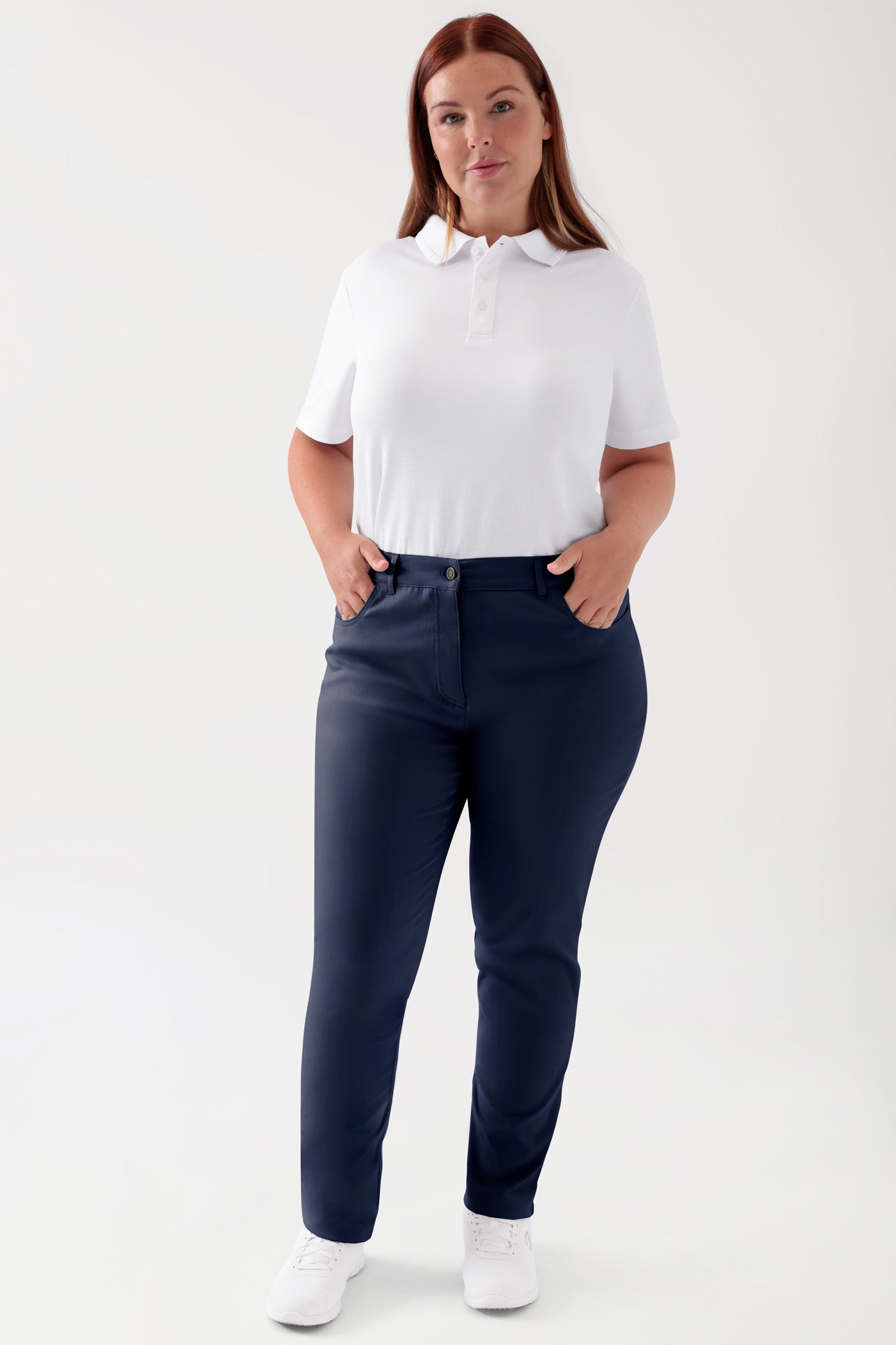 COMFY FLEX 5-pocket broek dames - slanke pijp navy, Voorzijde view Het model is 173 cm lang en draagt maat 46