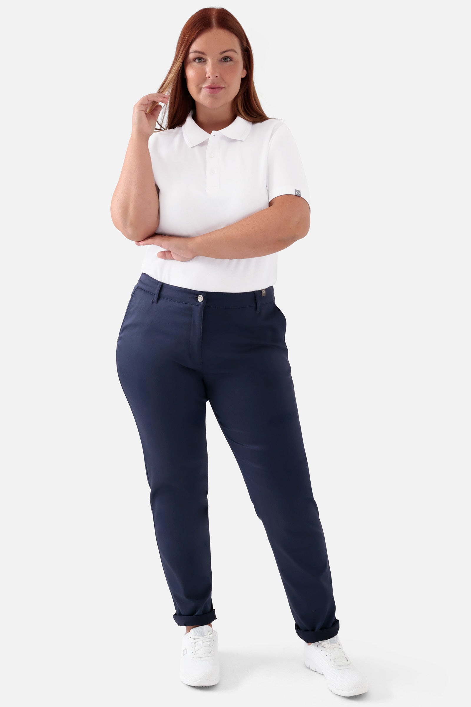 COMFY FLEX broek dames - chino stijl navy, Voorzijde view Het model is 173 cm lang en draagt maat 46