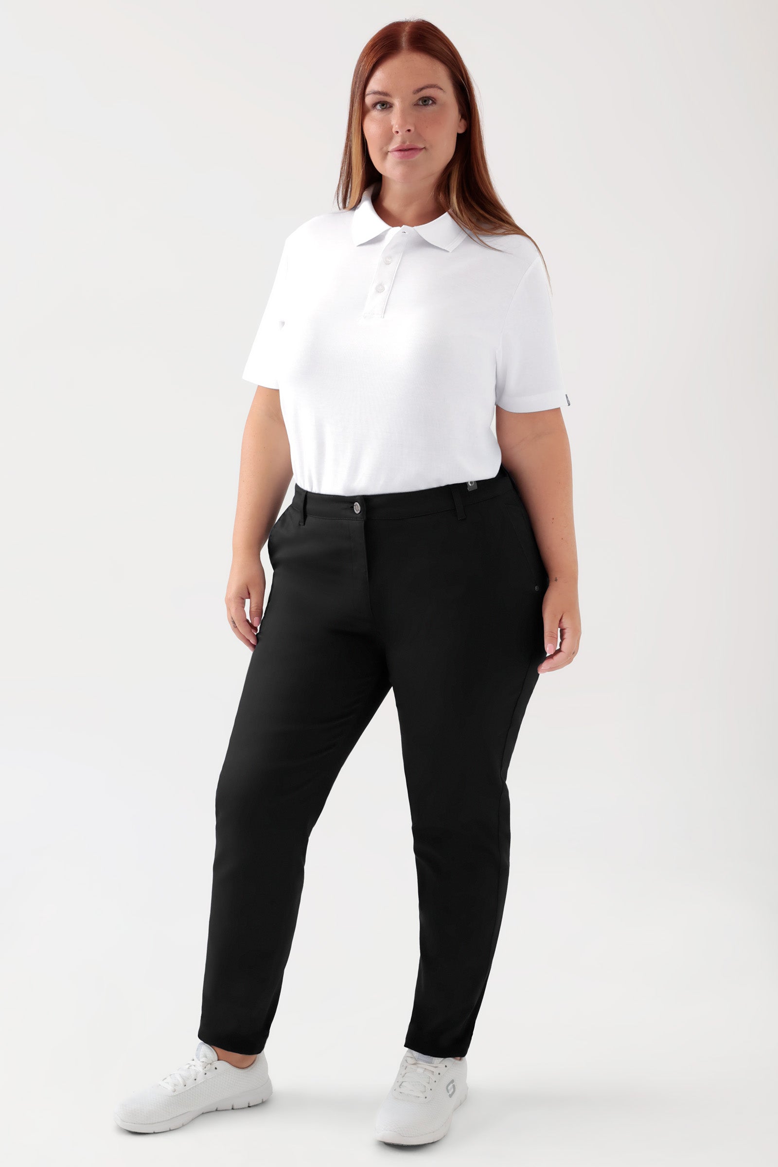 COMFY FLEX broek dames - chino stijl zwart, Voorzijde view Het model is 173 cm lang en draagt maat 46