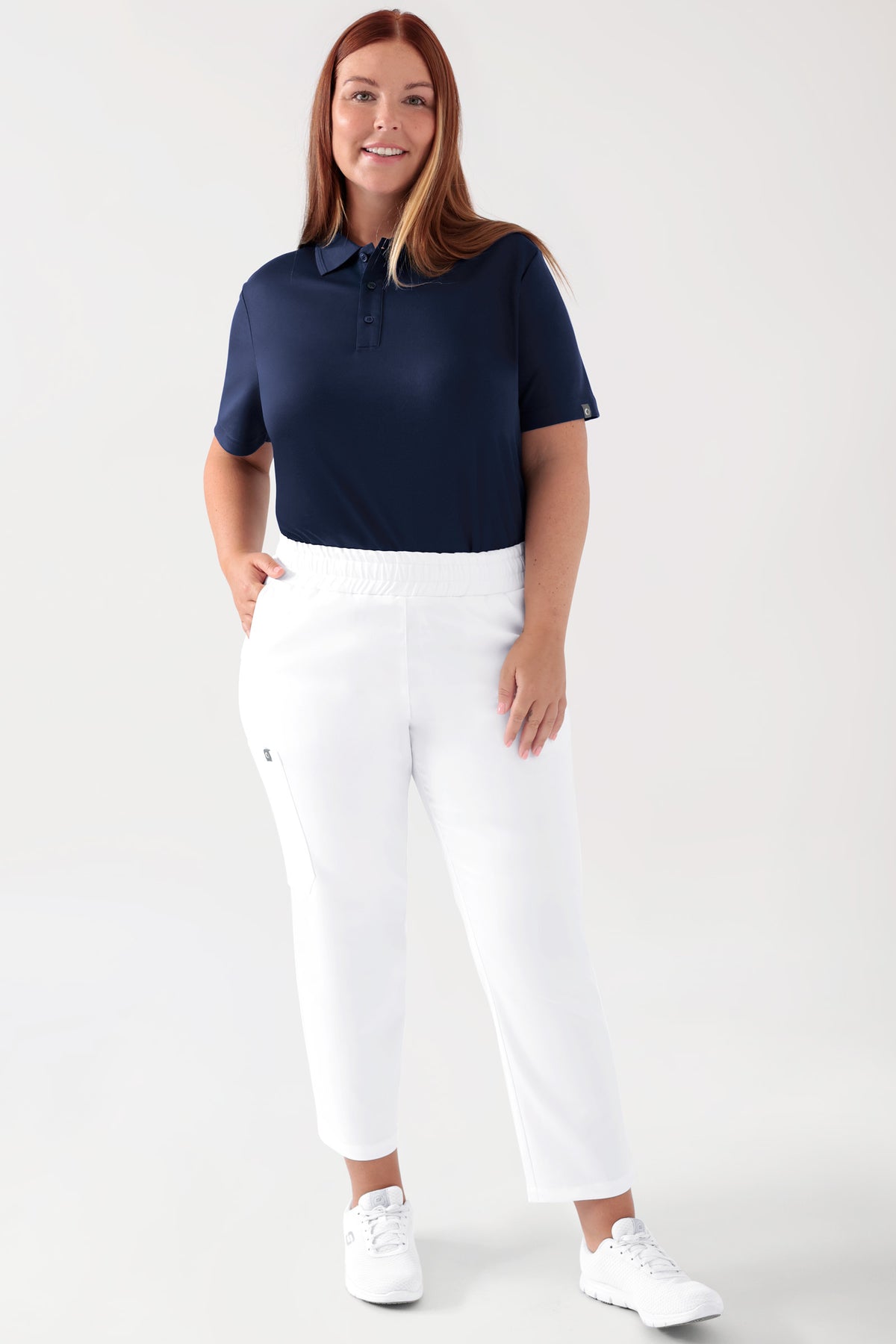 COMFY FLEX Stretch broek Unisex - 7/8 Lengte wit, Voorzijde view Het model is 173 cm lang en draagt maat L