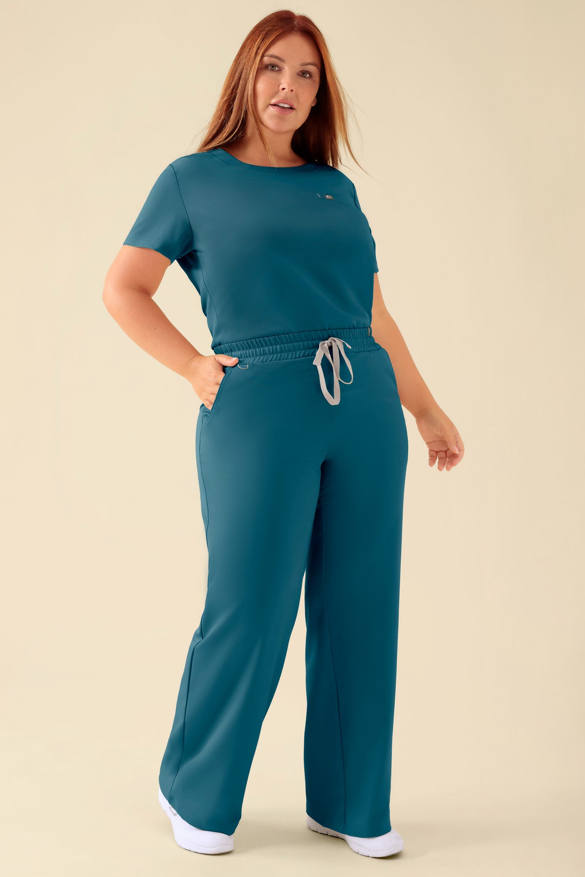 KAERE broek dames - wijd been petrol, Voorzijde view Het model is 173 cm lang en draagt maat XL