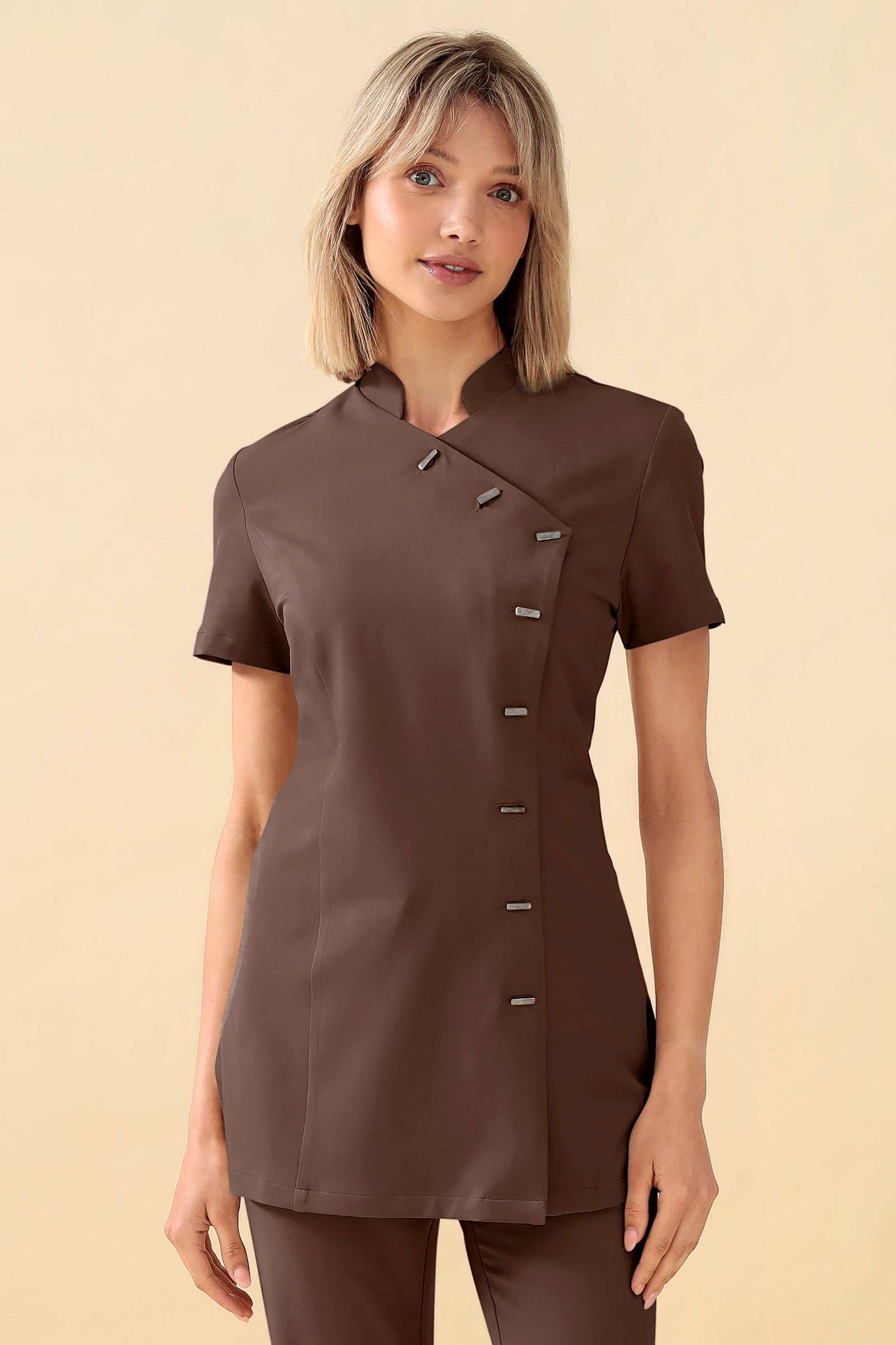 KAERE tuniek dames - asymetrische knoopsluiting coffee