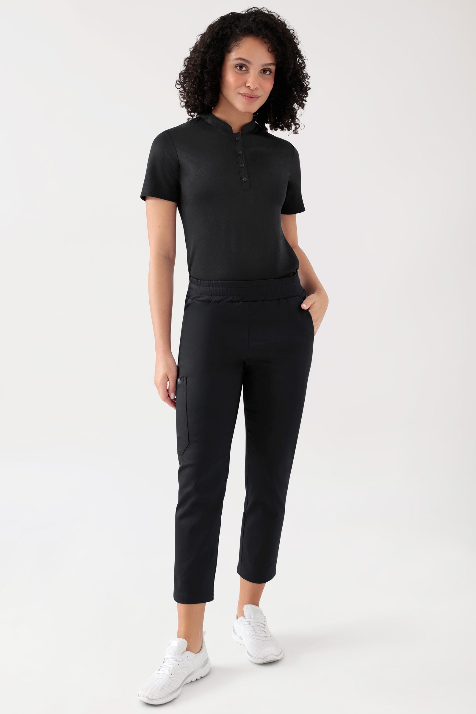 COMFY FLEX Stretch broek Unisex - 7/8 Lengte zwart, Voorzijde view Het model is 176 cm lang en draagt maat S