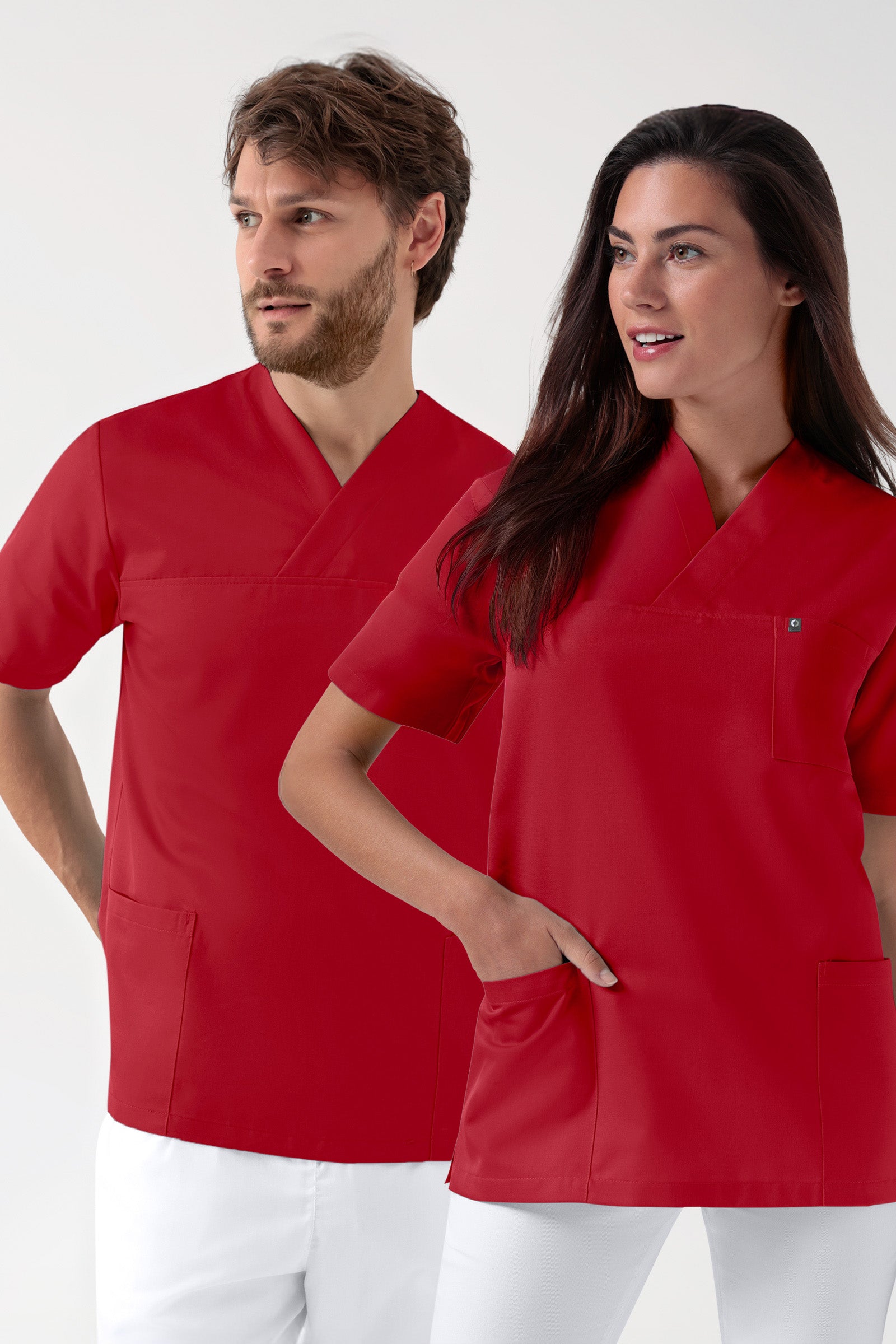 GREEN Stretch oversteektuniek uniseks - V-hals rood
