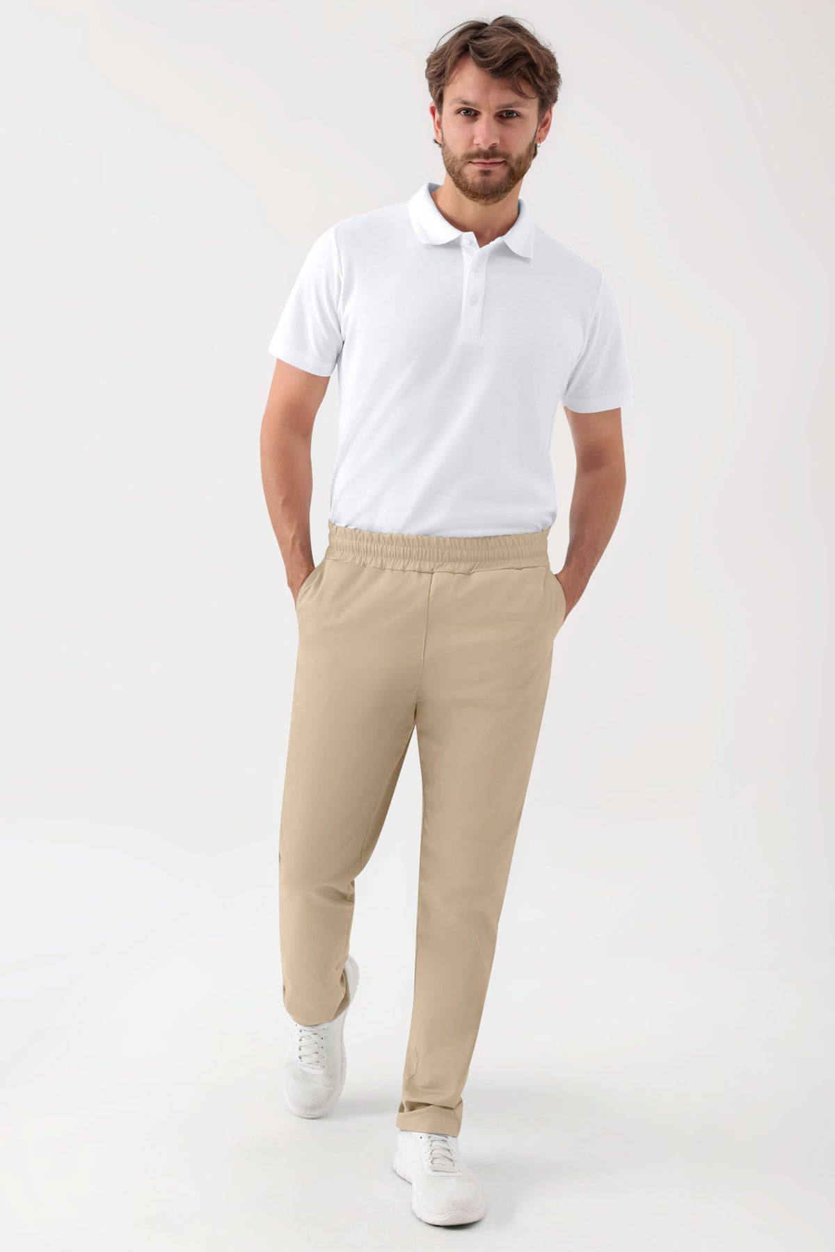 GREEN Stretch broek Unisex - elastische boord zand, Voorzijde view 