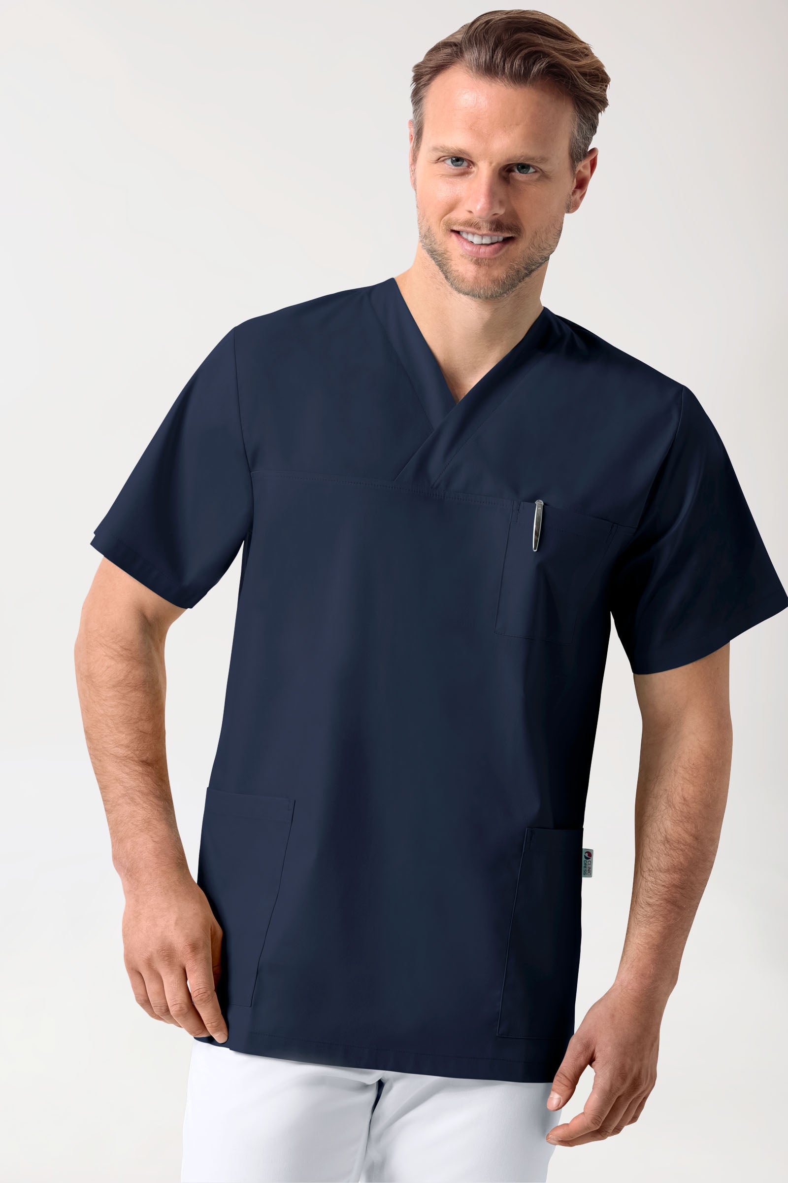 Stretch oversteektuniek unisex - V-hals navy, Voorzijde view 