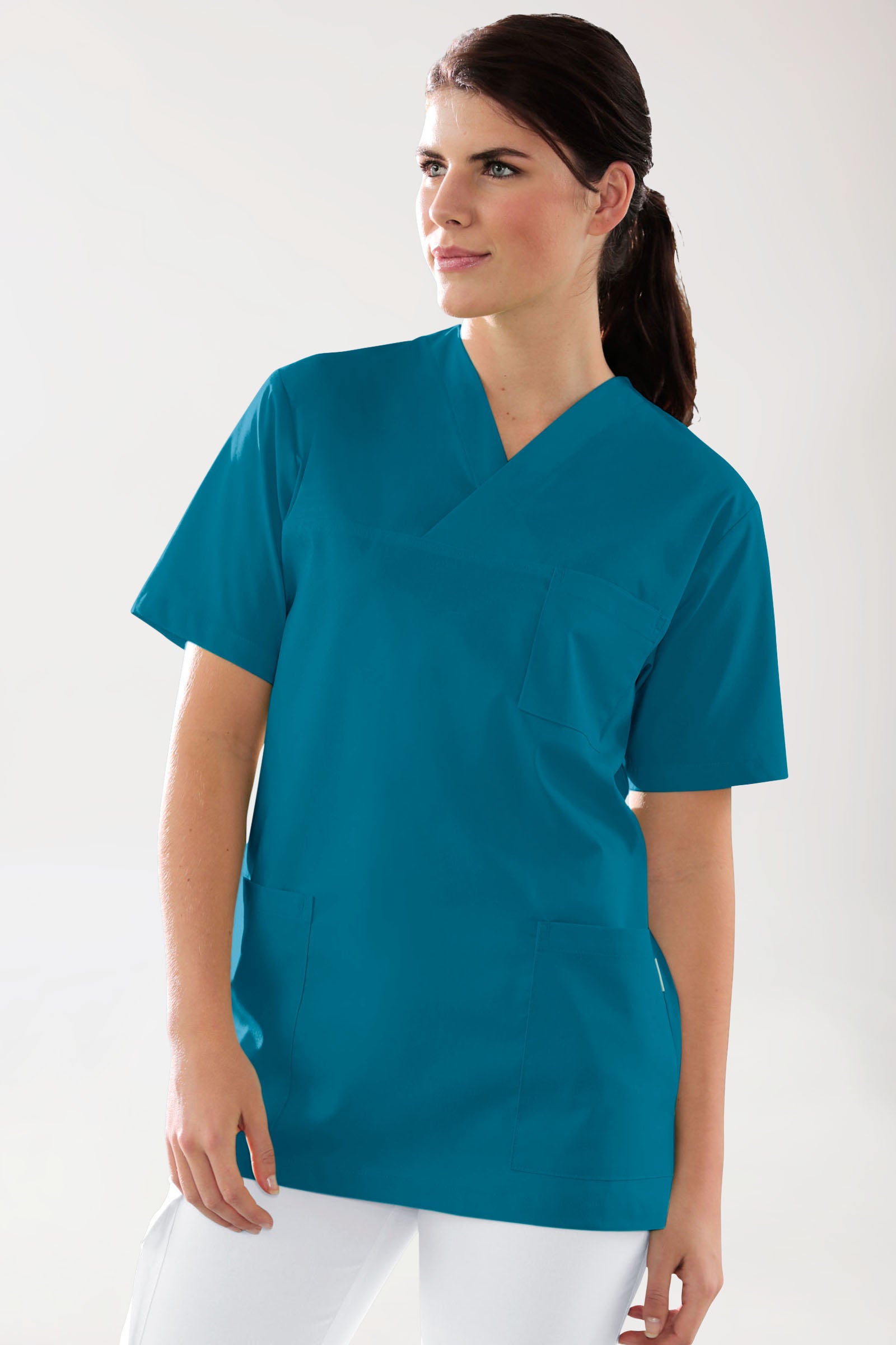 Stretch oversteektuniek unisex - V-hals petrol