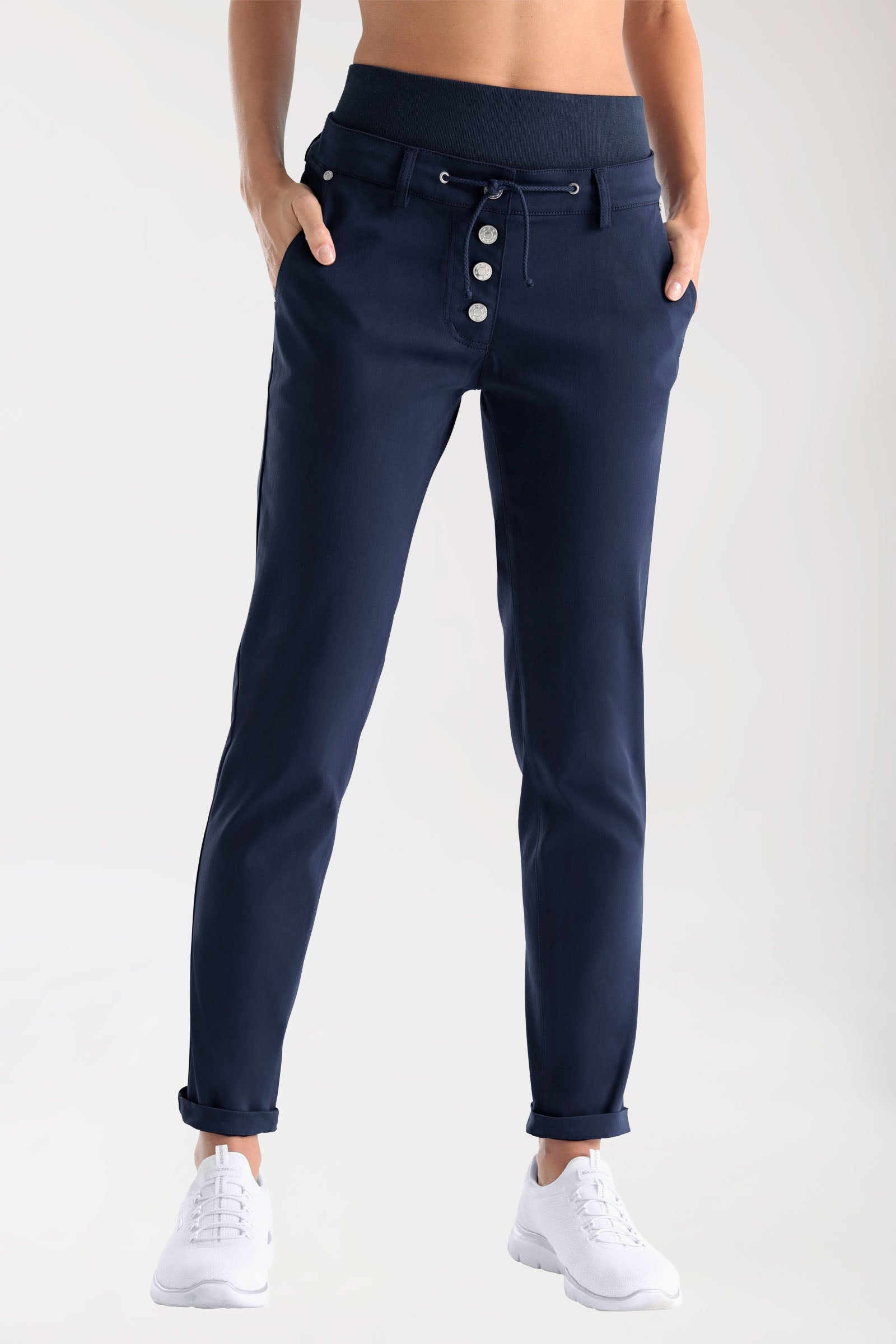 Comfort stretch broek dames - elastische gebreide tailleband navy
