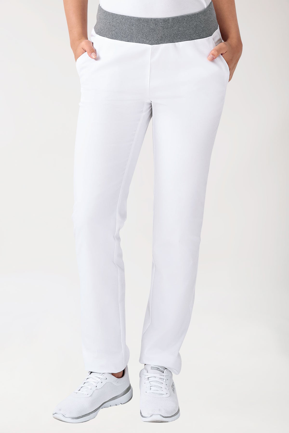 Stretchbroek dames - gebreide tailleband wit/grijs melange, Voorzijde view 