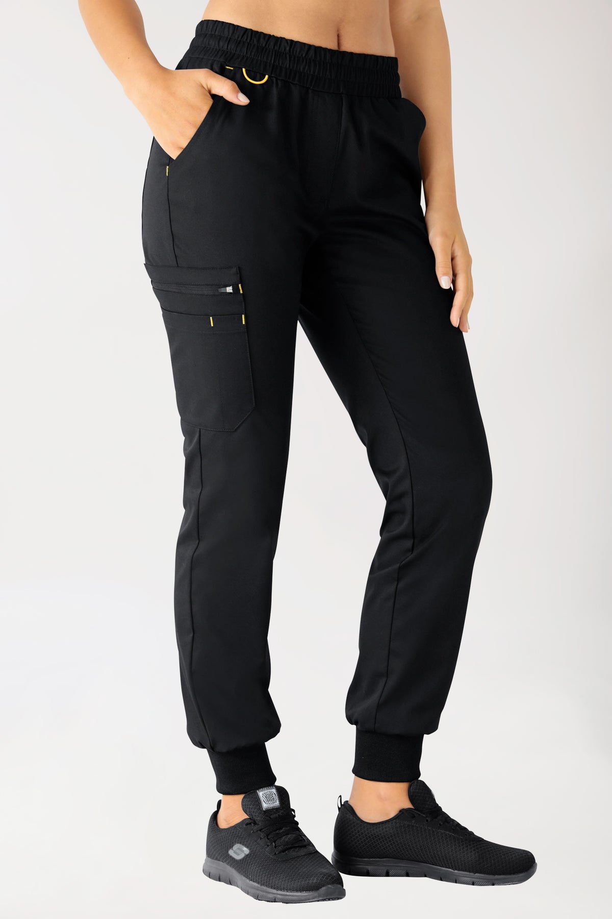 CLINIC STRETCH broek dames - gebreide tailleboord zwart/geel