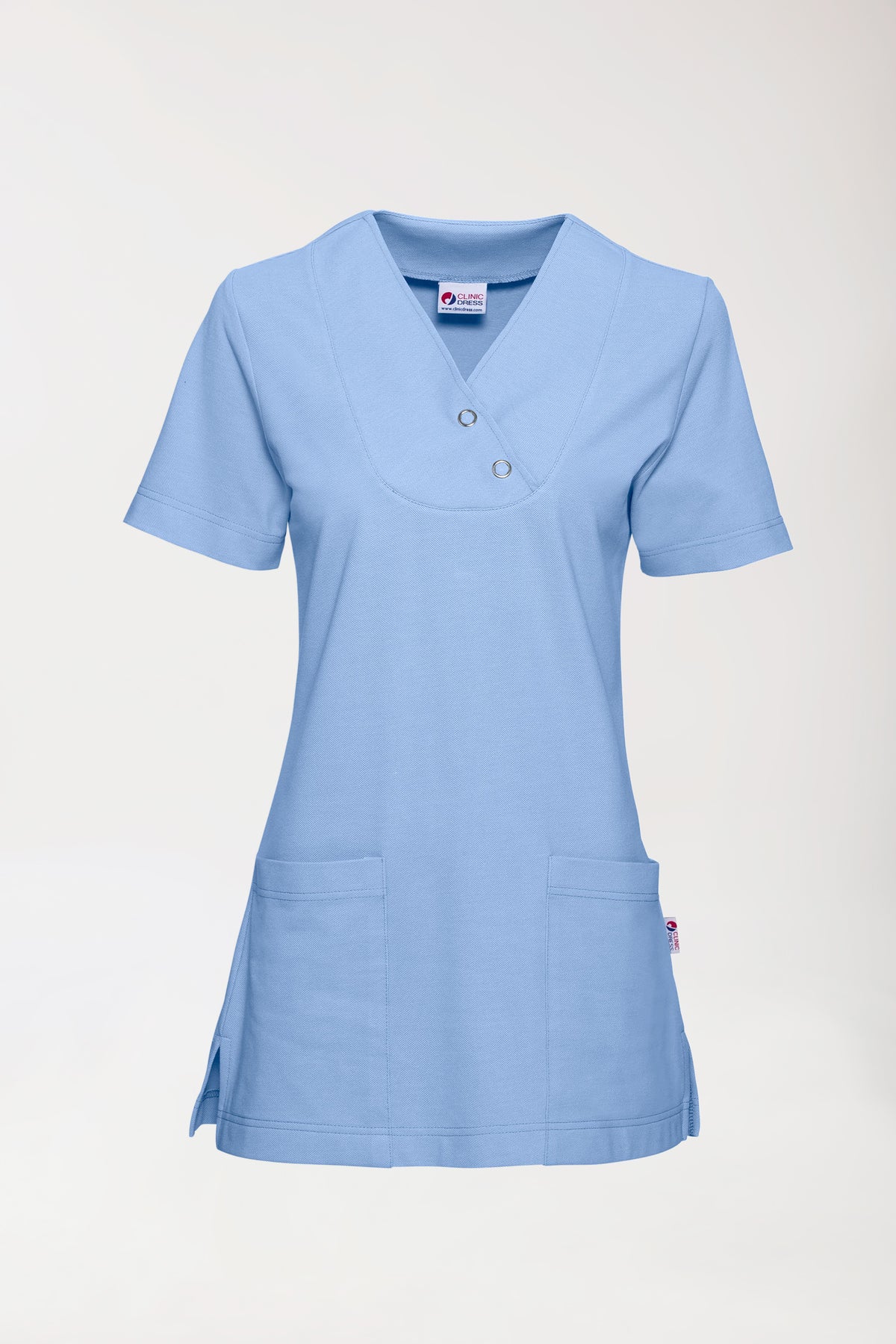 Piqué long-shirt dames - V-hals hemelsblauw, Voorzijde view 
