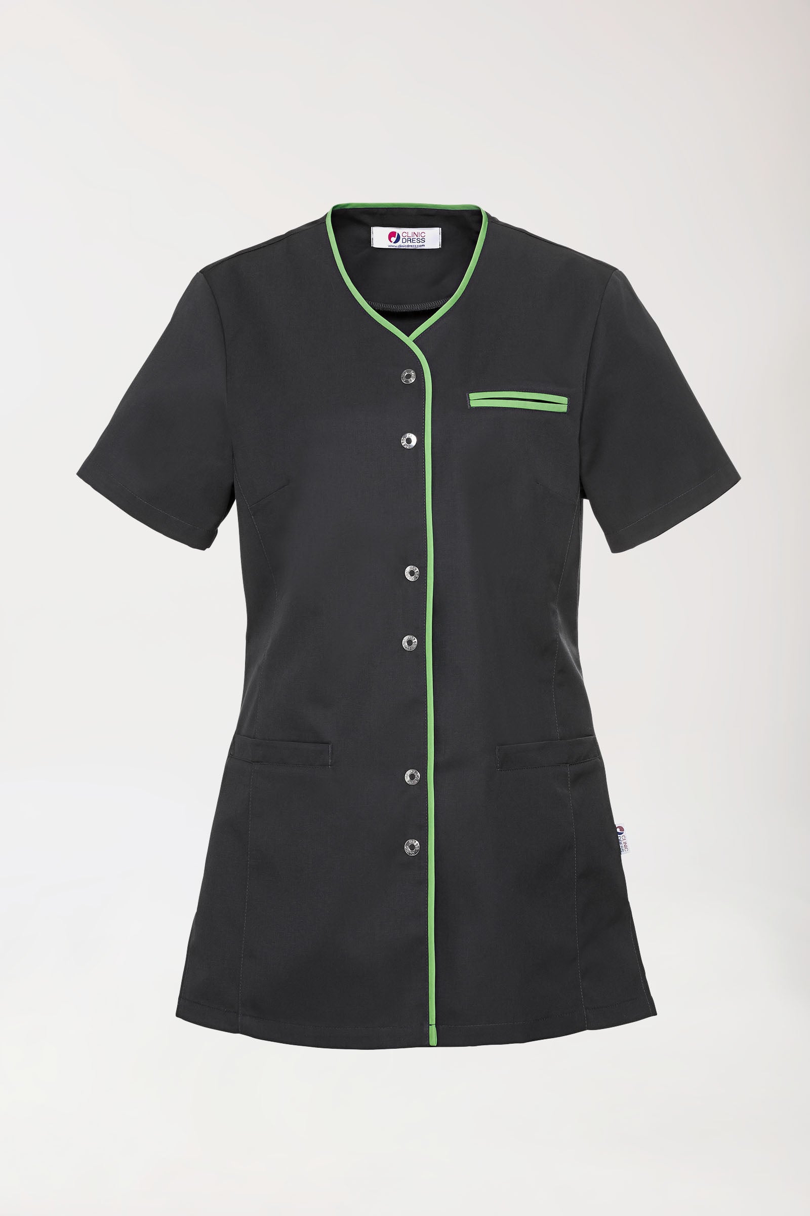 Beauty tuniek dames - met knoopsluiting antraciet/appelgroen, Voorzijde view 