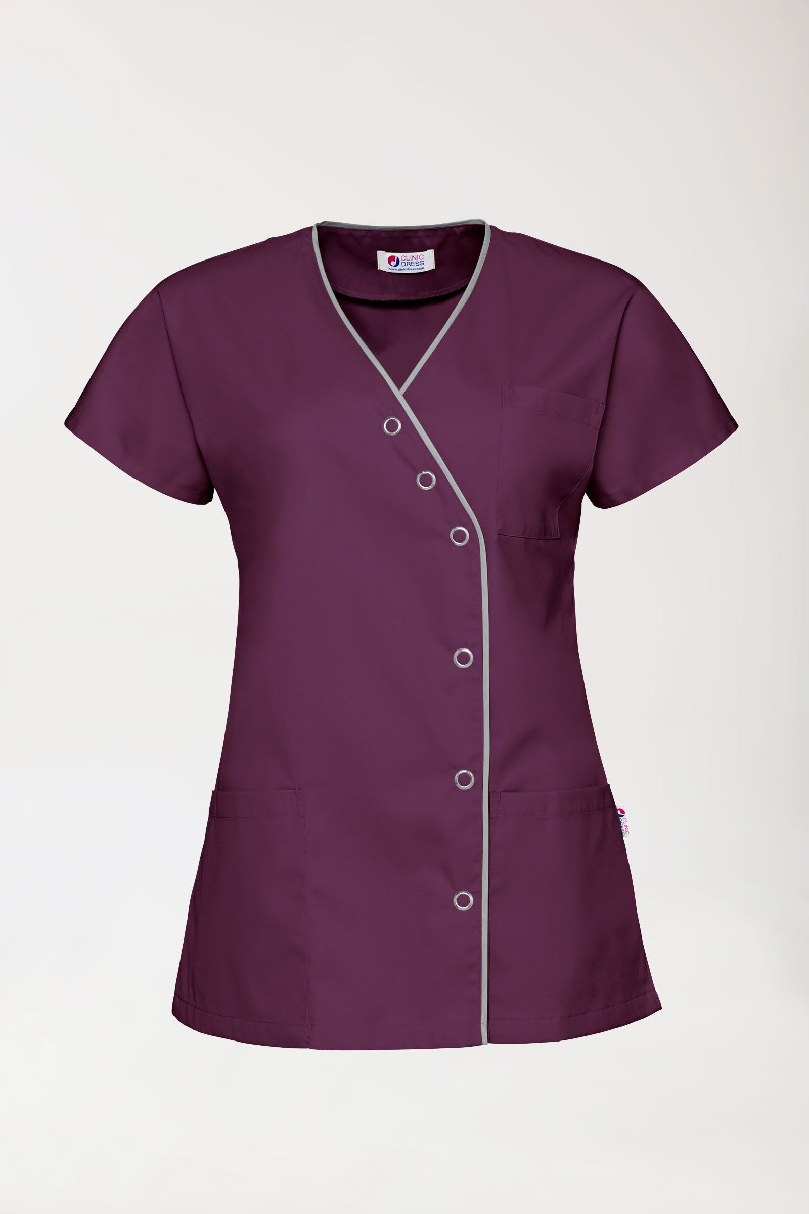 Beauty tuniek dames - asymmetrische knoopsluiting pruimen/grijs, Voorzijde view 