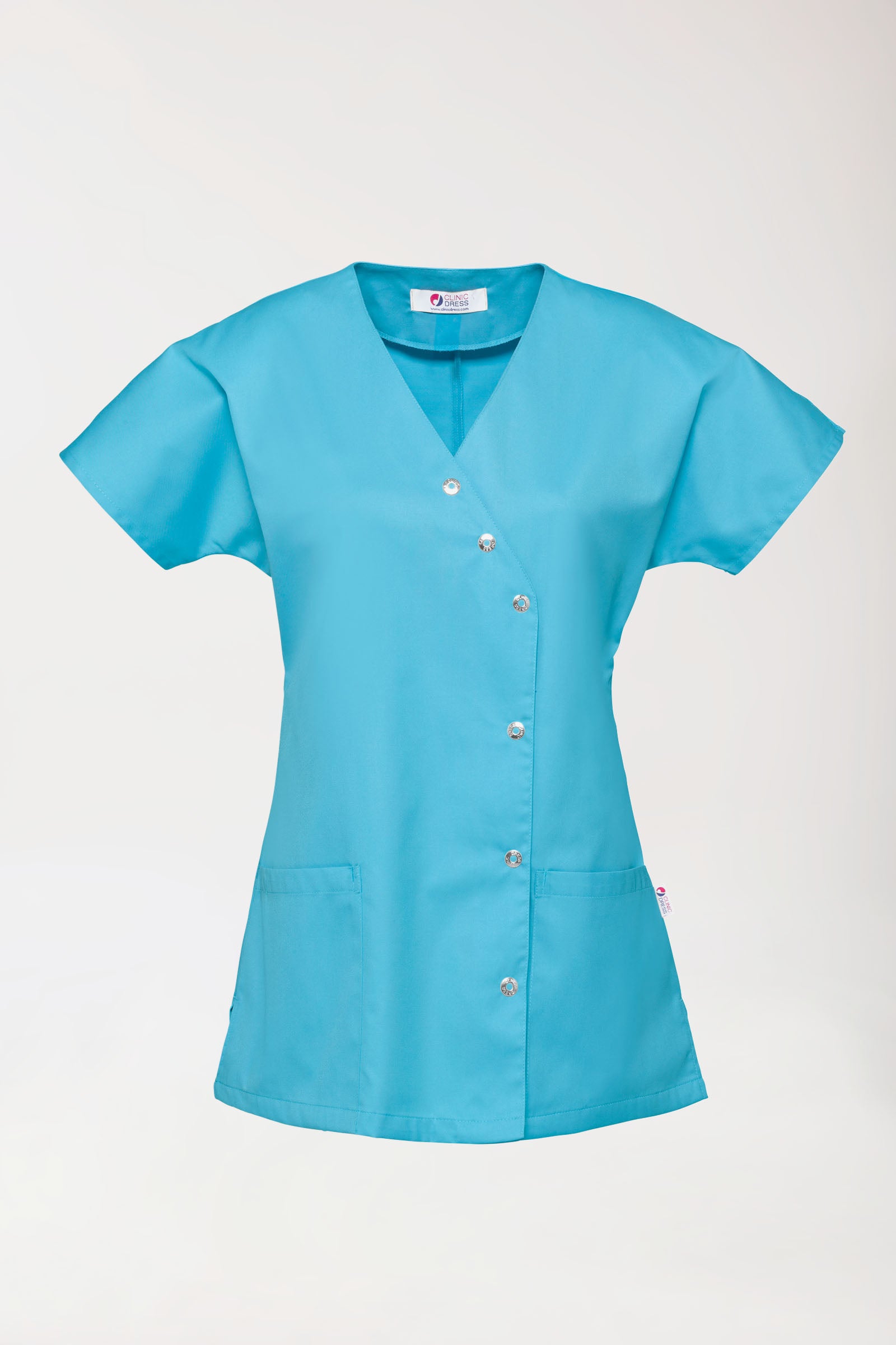 Beauty tuniek dames - asymmetrische knoopsluiting turquoise, Voorzijde view 