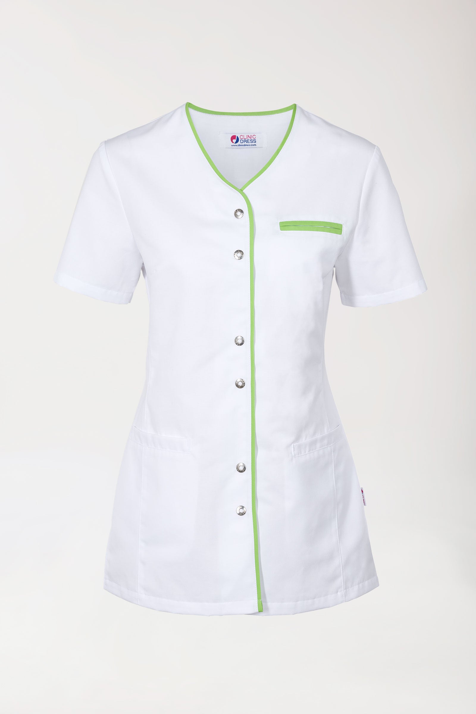 Beauty tuniek dames - met knoopsluiting wit/appelgroen, Voorzijde view 
