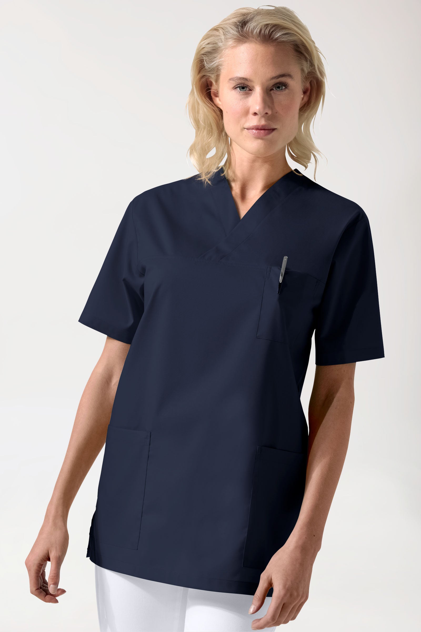Stretch oversteektuniek unisex - V-hals navy, Voorzijde view 
